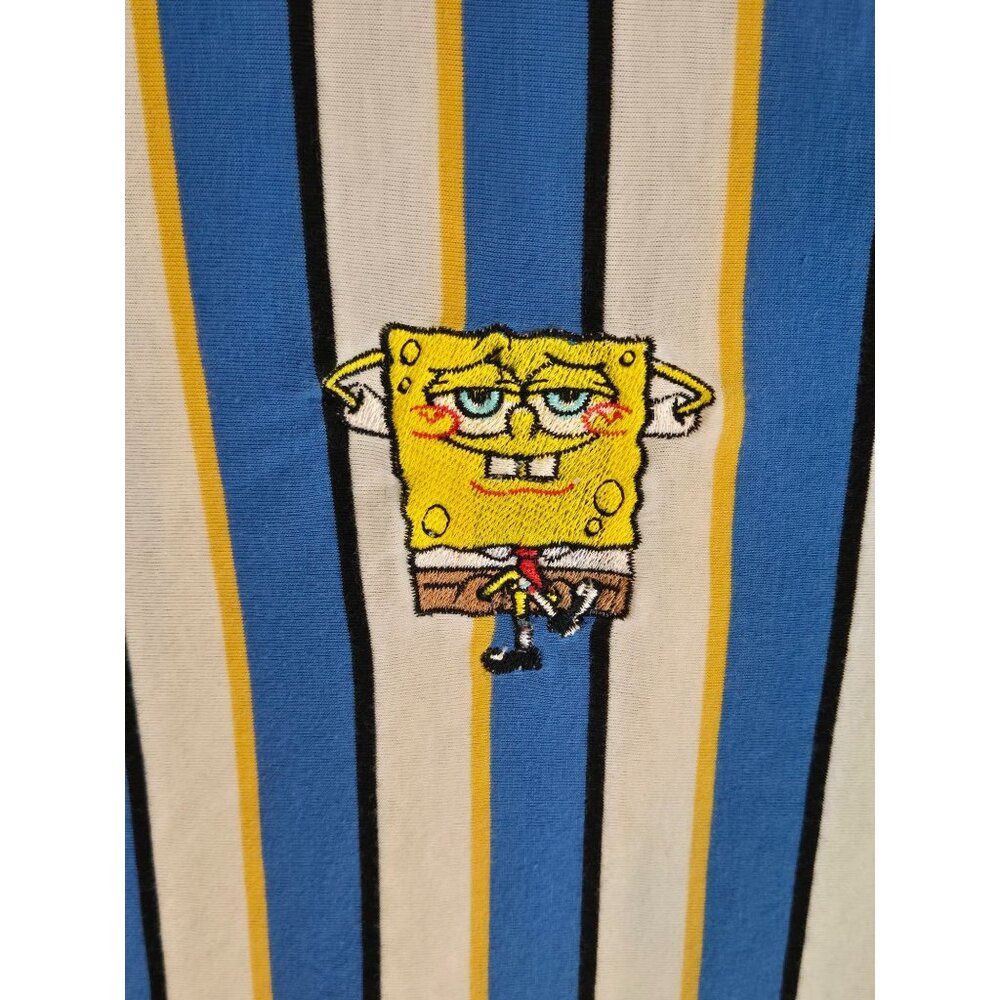 Nickelodeon SpongeBob Blue Yellow Striped T-Shirt Embroidered Bob, Boys Large